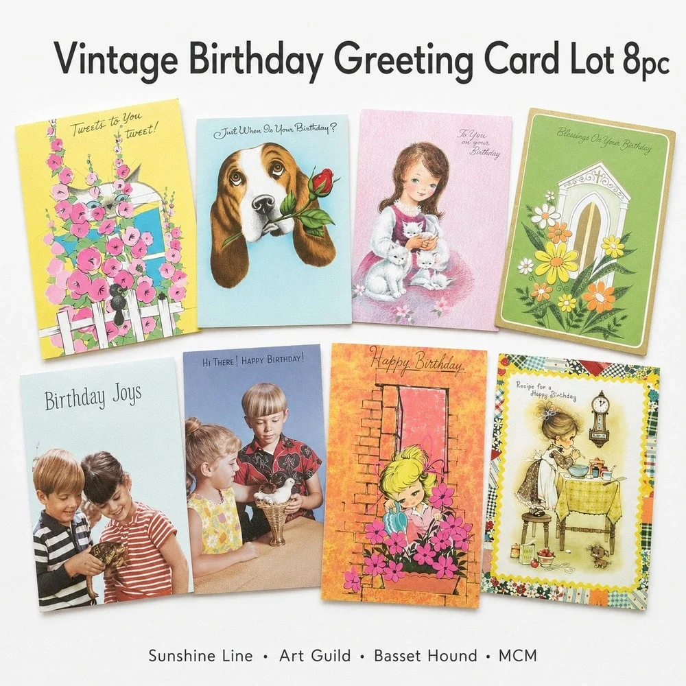 Vintage Birthday Greeting Card Lot 8pc Sunshine Line Art Guild Basset Hound MCM